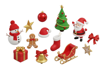photorealistic 3d render of christmas icons—snowman in red knitwear, santa, green tree, gold and red gifts—arranged artfully on a transparent background in 45-degree isometric view. Concept of festive