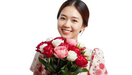 A smiling woman holding a bouquet of roses on transparent background