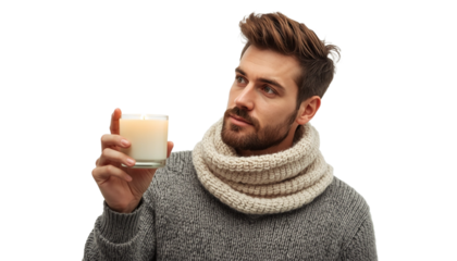 A man holding a cup of milk on transparent background