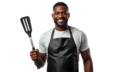 A smiling man wearing an apron on transparent background