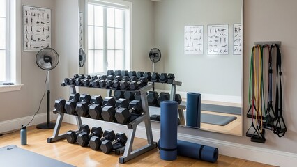 Home Gym Setup with Dumbbells and Yoga Mats