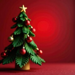 Tiny gold & red adorned fir, red backdrop, soft bokeh glow , festive background, holiday spirit