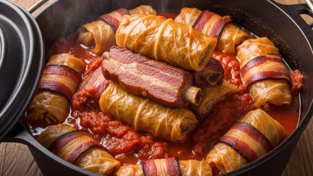 Hearty Romanian Sarmale Stuffed Cabbage Rolls With Pork Ribs and Bacon