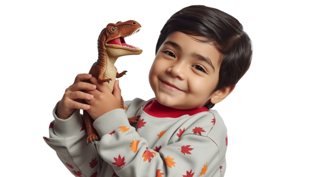 A young boy holding a toy dinosaur on transparent background - Powered by Adobe