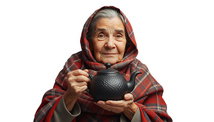 An elderly woman holding a teapot on transparent background