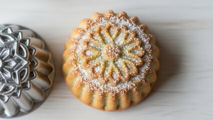 Intricately Decorated Pistachio Maamoul Cookie Dusted with Powdered Sugar