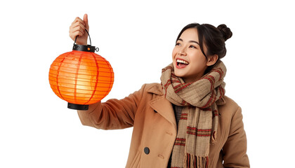 A smiling woman holding a glowing lantern on transparent background