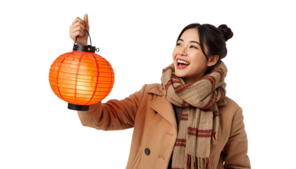 A smiling woman holding a glowing lantern on transparent background