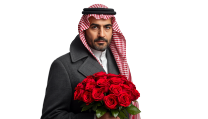 A man in traditional Middle Eastern attire holding red roses on transparent background