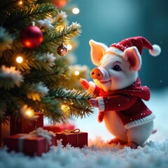 Tiny pig decorating festive tree in winter wonderland , small, cute
