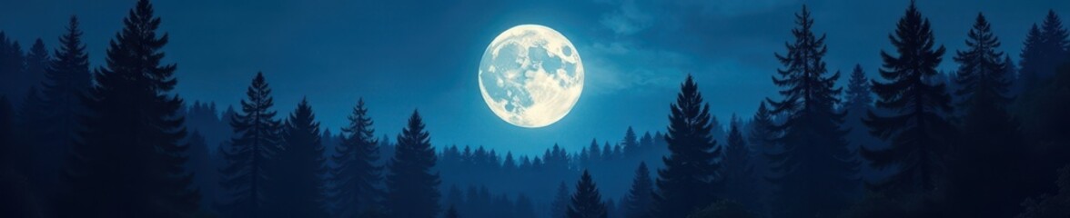 Towering pines and a luminous full moon illuminate a dense forest , bright, peaceful, dark