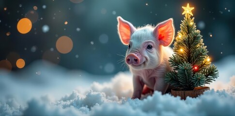 Tiny piglet nestled beside a miniature Christmas tree, twinkling lights, snowy scene , celebration, winter, merry christmas