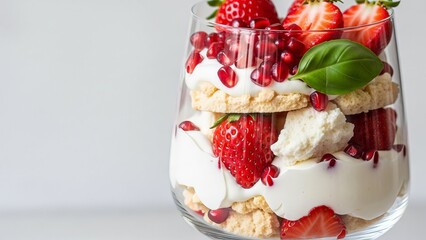 Layered Eton Mess Dessert with Fresh Strawberries and Pomegranate Seeds in a Glass