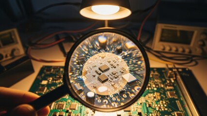 Magnifying Glass Over Electronic Circuit Board With Integrated Circuits