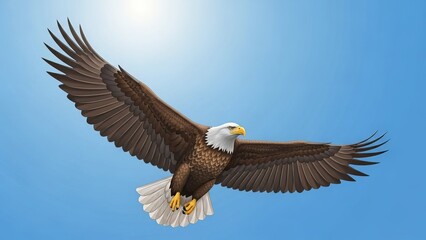 Majestic bald eagle soaring gracefully in a bright blue sky