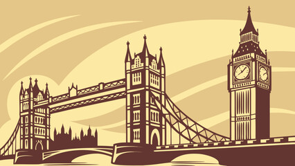 Naklejka premium London skyline with tower bridge and big ben, an iconic cityscape suitable for travel websites, brochures, and promotional materials.