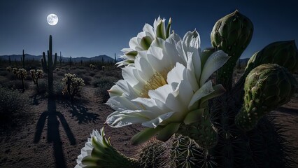 Majestic White Cactus Bloom in Arid Desert Landscape at Dusk