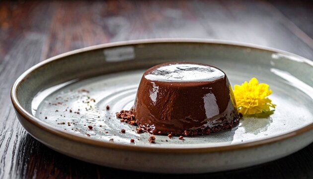 A single chocolate panna cotta presented with delicate elegance