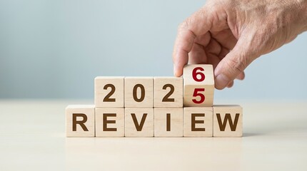A hand flipping a wooden block to change the year from 2025 to 2026 in a review context