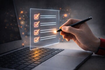 Digital task completion and quality assurance concept with person using a stylus to check boxes on a screen.