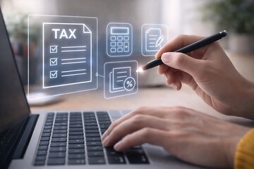 Business Professional Filing Tax Returns Online Using Laptop with Digital Interface and Financial Calculator Icon