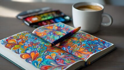 An open sketchbook displays vibrant abstract floral art with watercolors and a pen, accompanied by a comforting cup of coffee on a peaceful table setting.