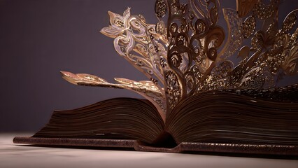 An ornately designed golden storybook with intricately detailed floral patterns seems to magically tell a beautiful fairytale narrative in three dimensions.