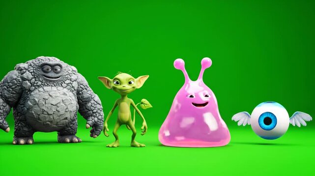 Four Animated Characters with Green Background