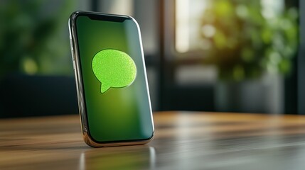 Smartphone screen displaying green chat bubble for messaging, copy space