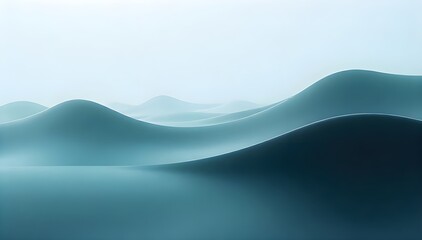 Serene landscape of gentle blue sand dunes under a soft hazy sky with rolling hills and misty atmosphere with tranquil scene and calmness and serenity
