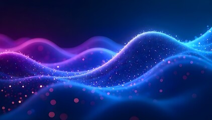 Vibrant digital wave pattern with glowing purple and blue neon lights on dark background with sparkling particles with technology and abstract