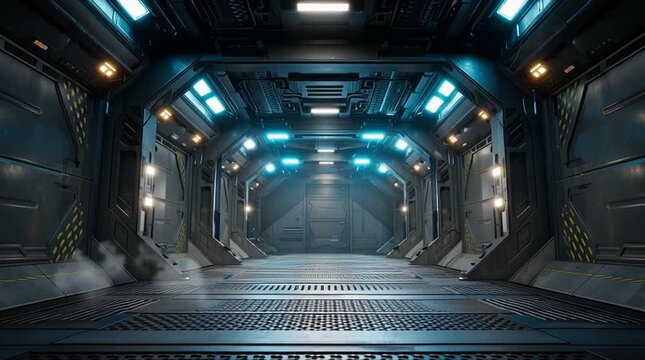 Futuristic scifi spaceship corridor interior with blue and yellow lights