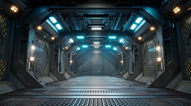 Futuristic scifi spaceship corridor with blue and yellow lights