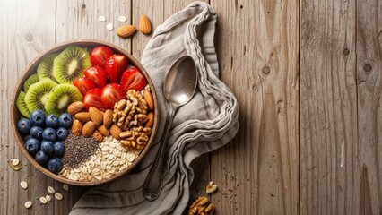 Nutrient-Rich Healthy Breakfast Bowl Overflowing With Berries and Nuts on a Rustic Wooden Table