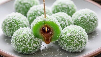 Ondeonde Glutinous Sweet Dessert with Caramel Filling on a Stick