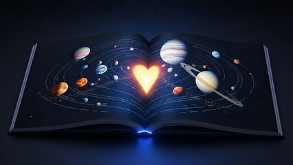 Open book displays a vibrant solar system and glowing heart, representing the love of cosmic discovery and knowledge.
