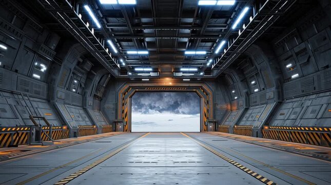 Futuristic scifi hangar interior with open bay door to snowy landscape