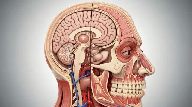 Detailed anatomical illustration of human head showing brain skull and muscles isolated on transparent background