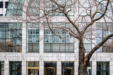 Urban facade with geometric shapes and cool tones in Charlotte, North Carolina, USA