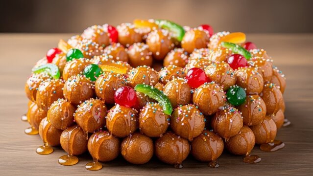 Pile of Honey Glazed Struffoli Decorated with Candied Fruit and Sprinkles