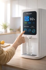 Modern Kitchen Smart Water Dispenser with Touchscreen Interface Displaying Filtration Data and Daily Intake
