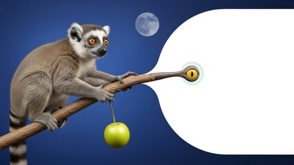 Fototapeta premium Ring-tailed lemur with apple and eye graphic against moonlit sky
