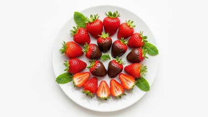 Ripe Strawberries Dipped in Chocolate on a White Plate with Mint Leaves
