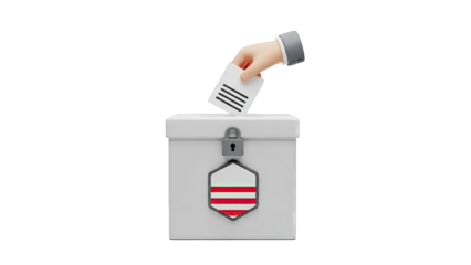 3D illustration of a hand dropping a ballot into a locked ballot box with a crest