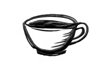Coffee cup charcoal drawing representing a morning drink, black sketch outline art, caffeine break concept on transparent background