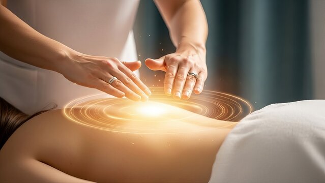 Reiki healer's hands channeling energy over a person's torso