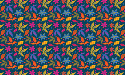 Fototapeta premium Colorful Seamless Vector Pattern with Stylized Autumn Leaves and Abstract Floral Elements