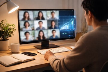 Business Professional in Remote Video Conference with Data Analytics Dashboard Overlay for Market Research