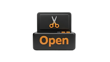 3D Render of Open Sign with Scissors Icon