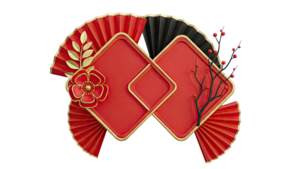 Red and Gold Chinese New Year Decorative Elements with Fans and Blossoms